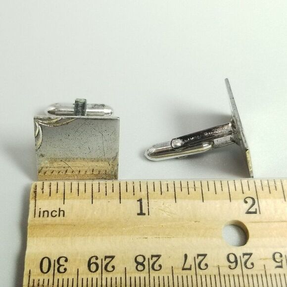 Vintage LaMode Sterling Silver Square Etched Bullet Back Cufflinks, Estate - Picture 6 of 8